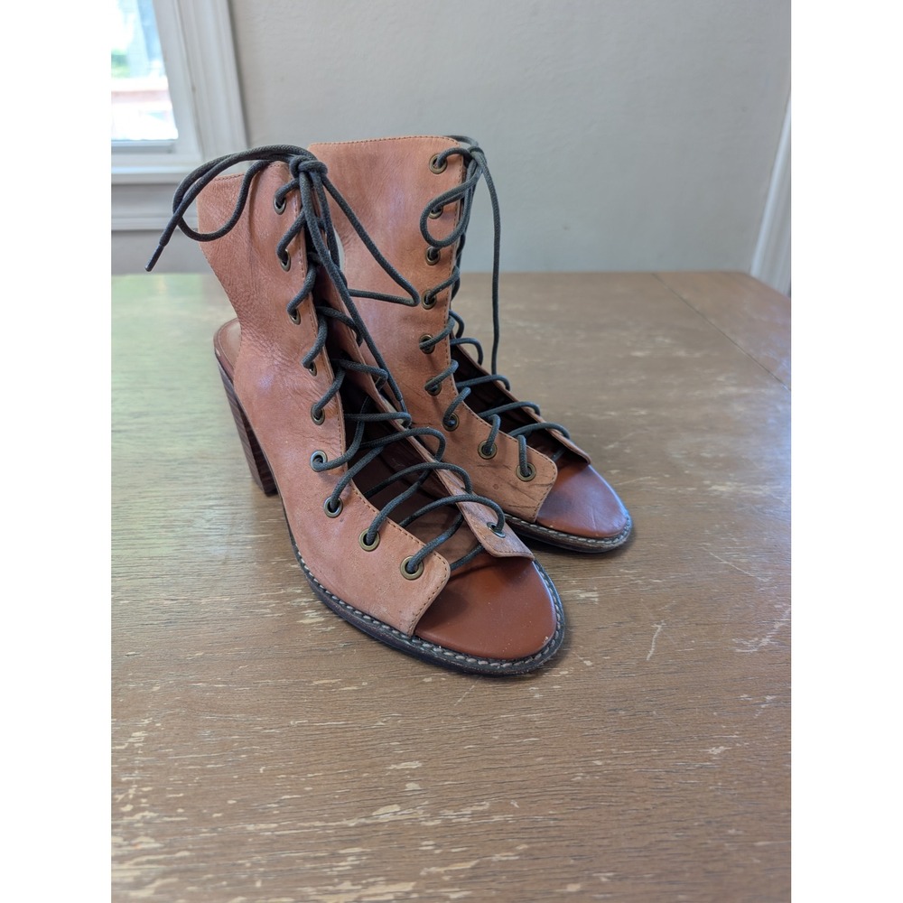 Jeffrey Campbell Free People Lace Up Tan Leather Open Toe Block Heel Sandals 39